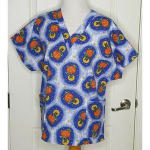 Jasco Medical Scrub Top Halloween Pumpkin Black Cat 2 Pocket Size Med